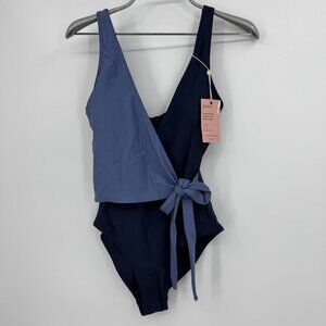 Quince Italian Wrap One-Piece Swimsuit size 6 in Navy Blue Colorblock